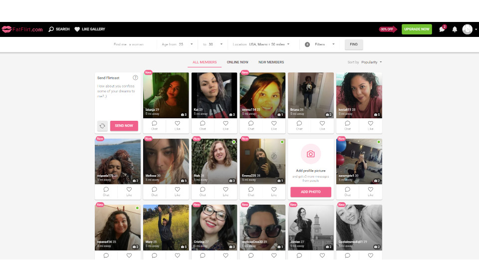 Interfejs strony internetowej FatFlirt